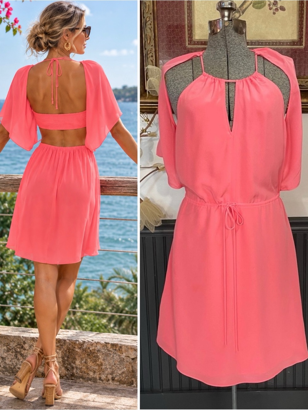 Rebecca Taylor 100% Silk Coral Pink Open Back Cutout Resort Dress Sz 2 💚🎀